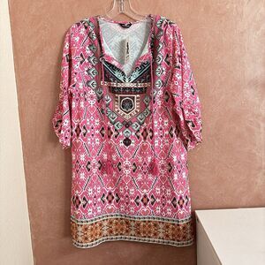 Feitong Women’s Boho Short Sleeve V-Neck Tie Front Knee Length Dress Size L